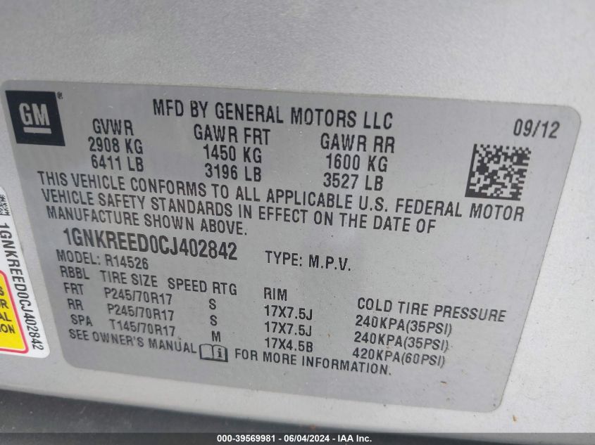 2012 Chevrolet Traverse Ls VIN: 1GNKREED0CJ402842 Lot: 39569981