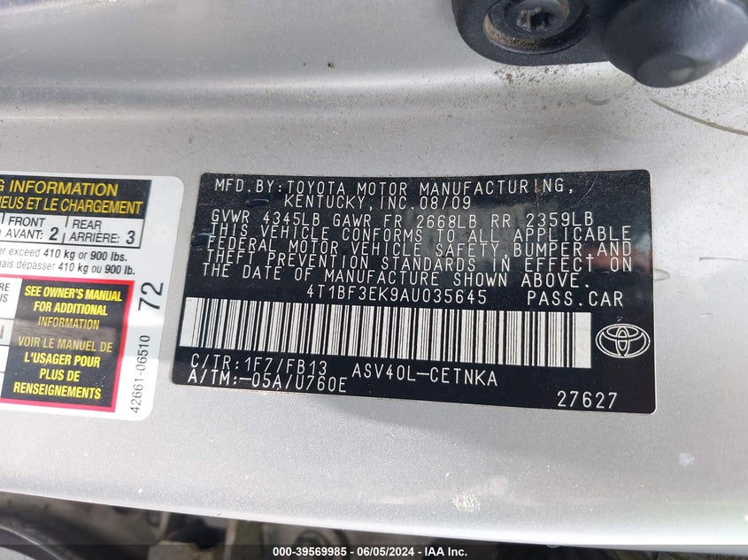 2010 Toyota Camry Le VIN: 4T1BF3EK9AU035645 Lot: 39569985