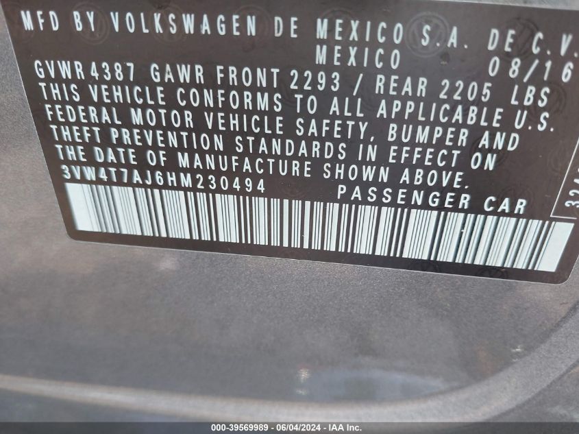 2017 Volkswagen Jetta Gli VIN: 3VW4T7AJ6HM230494 Lot: 39569989