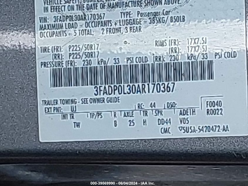 2010 Ford Fusion Hybrid VIN: 3FADP0L30AR170367 Lot: 39569990