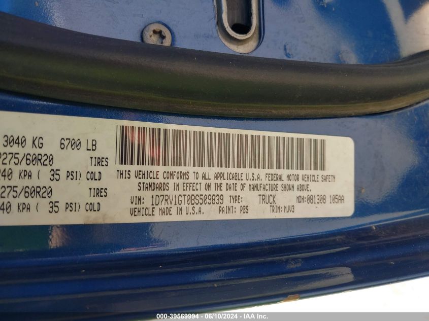 2011 Ram Ram 1500 Slt VIN: 1D7RV1GT0BS509839 Lot: 39569994