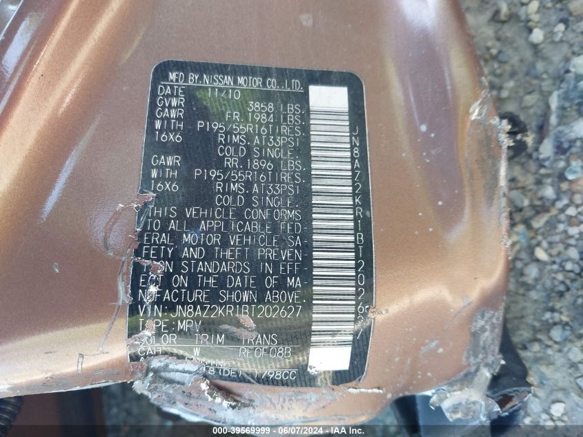 2011 Nissan Cube 1.8Sl VIN: JN8AZ2KR1BT202627 Lot: 39569999