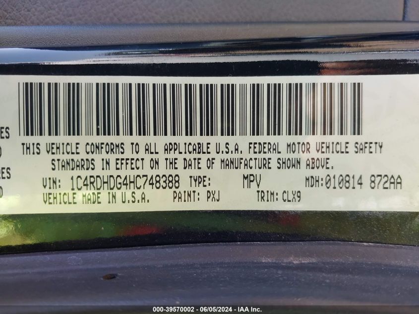 2017 Dodge Durango Gt Rwd VIN: 1C4RDHDG4HC748388 Lot: 39570002