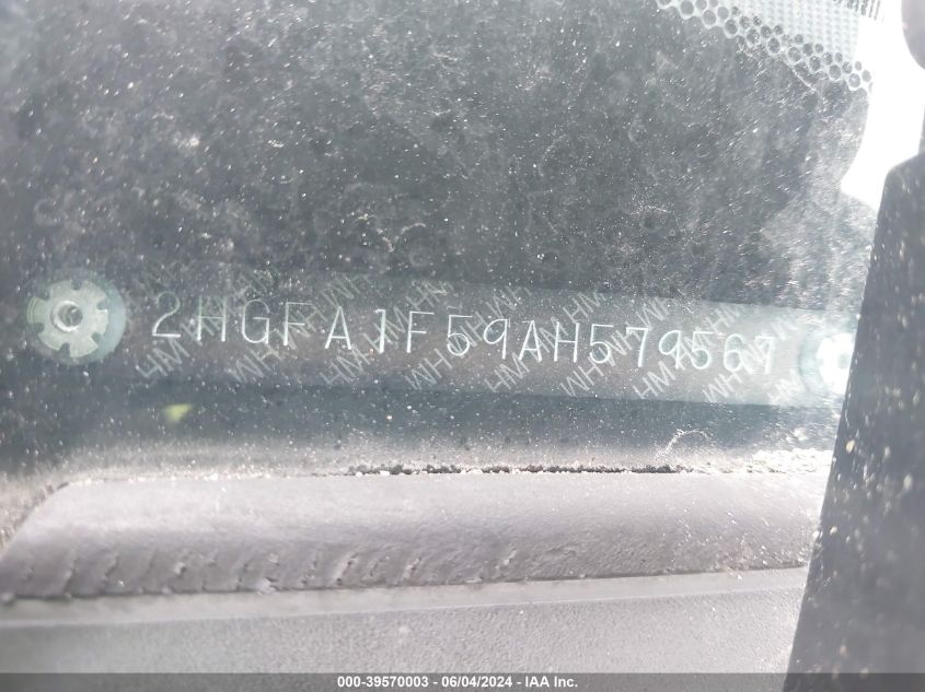 2010 Honda Civic Lx VIN: 2HGFA1F59AH579567 Lot: 39570003