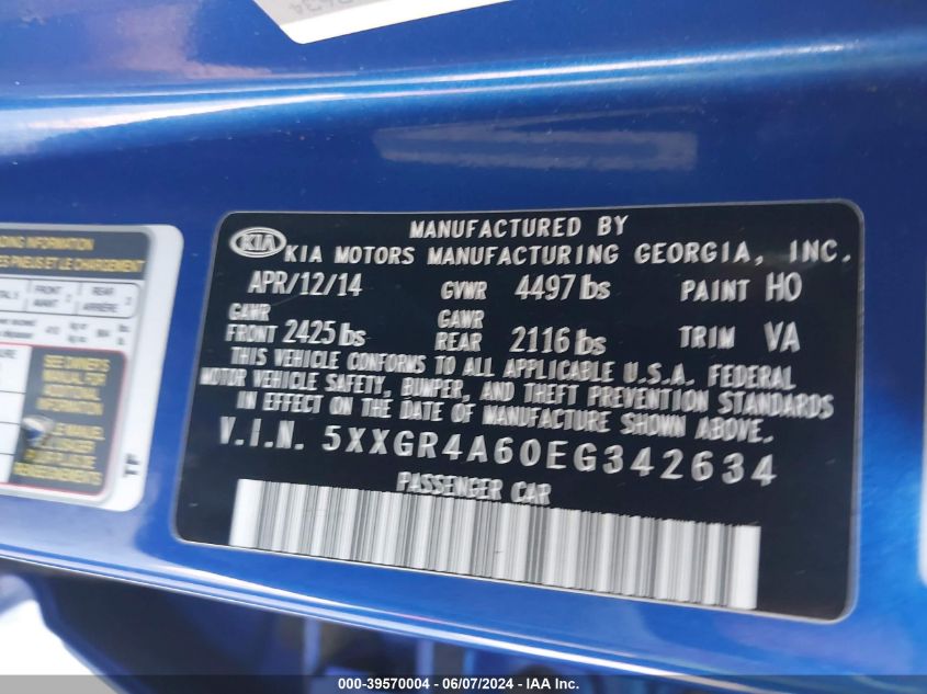 2014 Kia Optima Sx Turbo VIN: 5XXGR4A60EG342634 Lot: 39570004