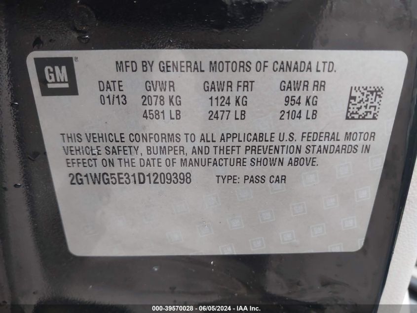2013 Chevrolet Impala Lt VIN: 2G1WG5E31D1209398 Lot: 39570028