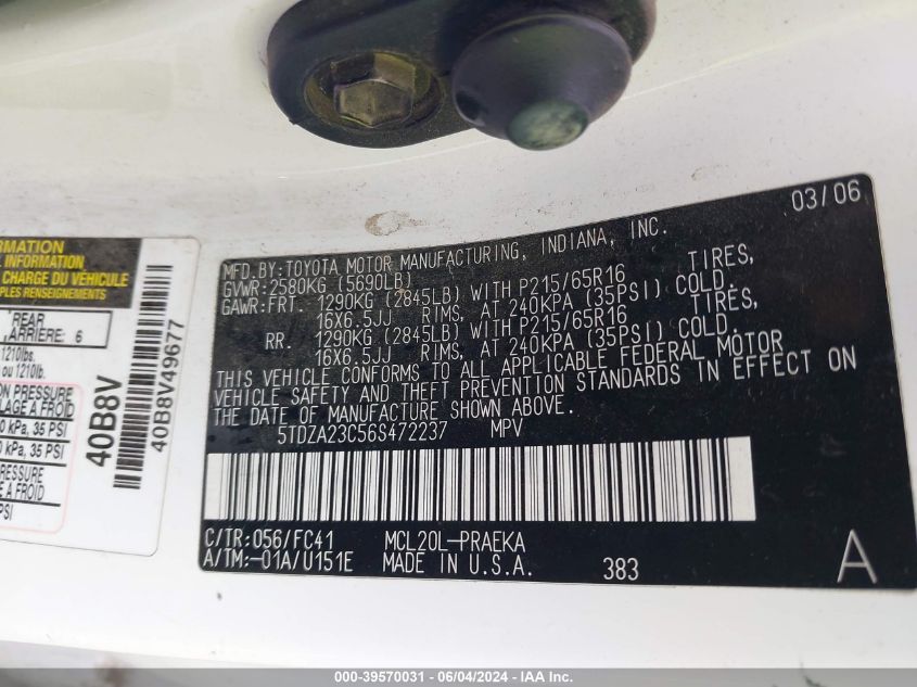 2006 Toyota Sienna Le VIN: 5TDZA23C56S472237 Lot: 39570031