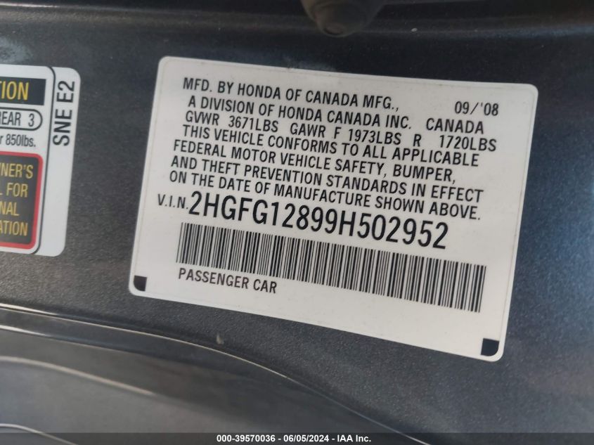 2009 Honda Civic Ex VIN: 2HGFG12899H502952 Lot: 39570036