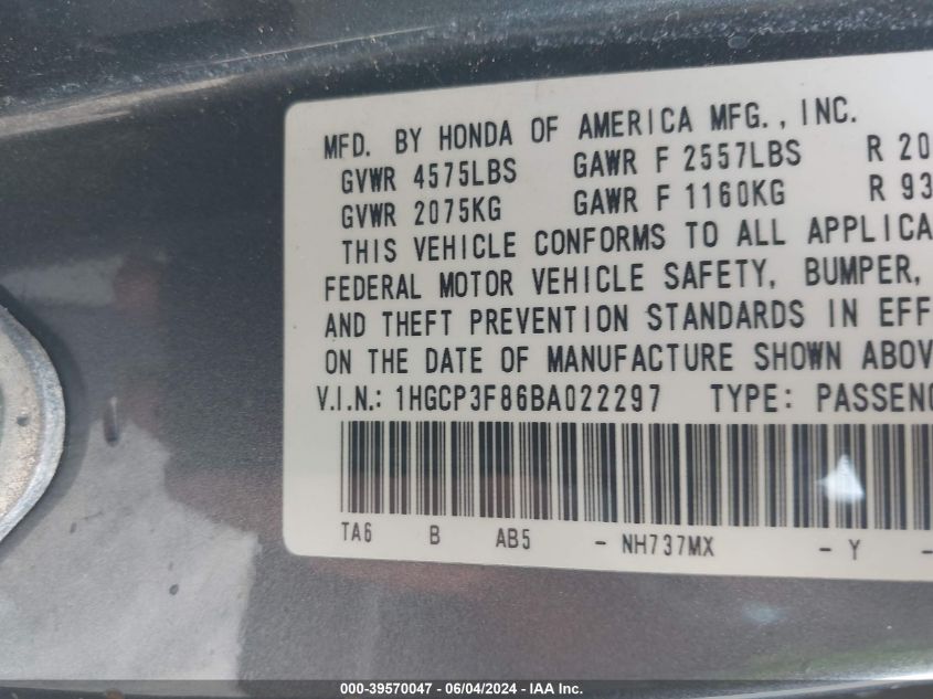 1HGCP3F86BA022297 | 2011 HONDA ACCORD