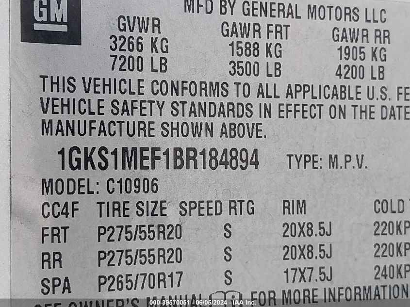 2011 GMC Yukon Xl 1500 Denali VIN: 1GKS1MEF1BR184894 Lot: 39570051