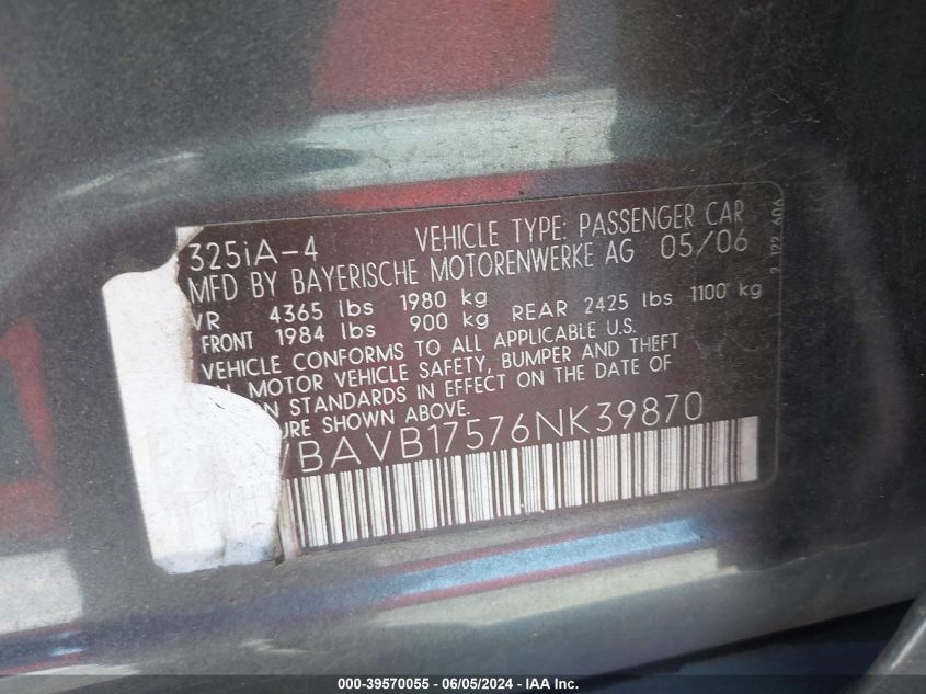 2006 BMW 325I VIN: WBAVB17576NK39870 Lot: 39570055
