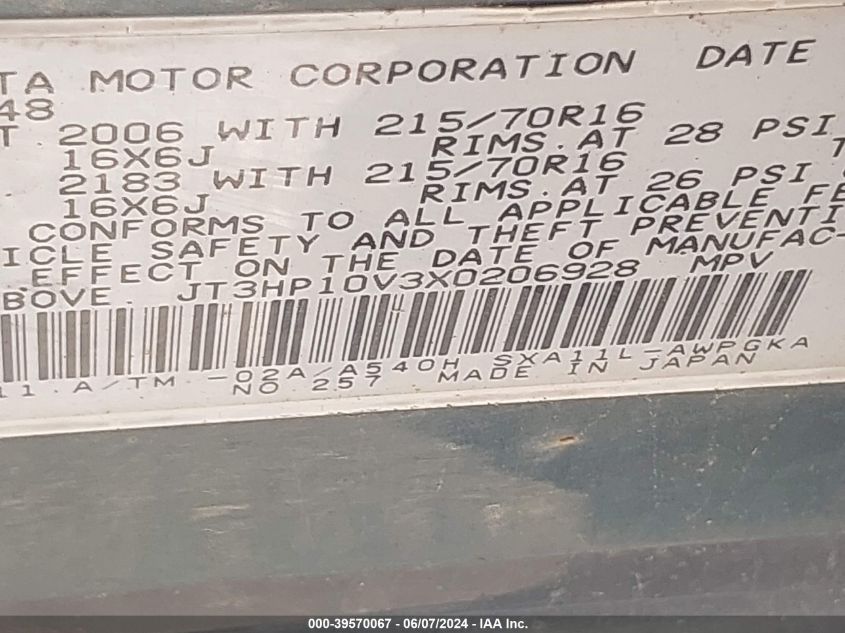 1999 Toyota Rav4 VIN: JT3HP10V3X0206928 Lot: 39570067