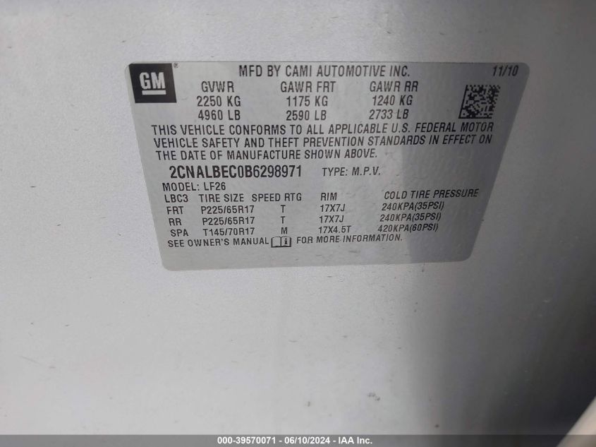 2011 Chevrolet Equinox Ls VIN: 2CNALBEC0B6298971 Lot: 39570071