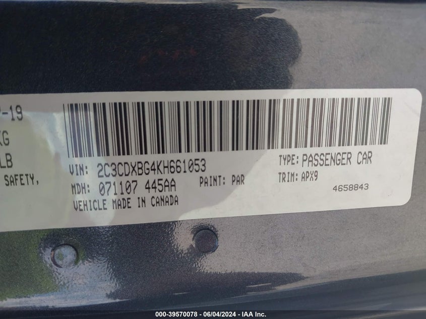 2019 Dodge Charger Sxt Rwd VIN: 2C3CDXBG4KH661053 Lot: 39570078