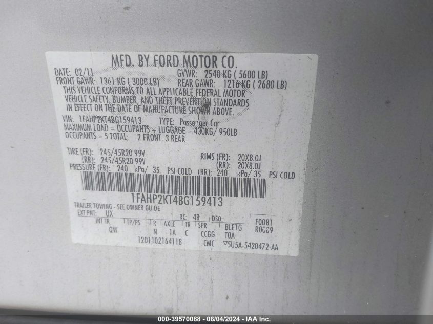 2011 Ford Taurus Sho VIN: 1FAHP2KT4BG159413 Lot: 39570088