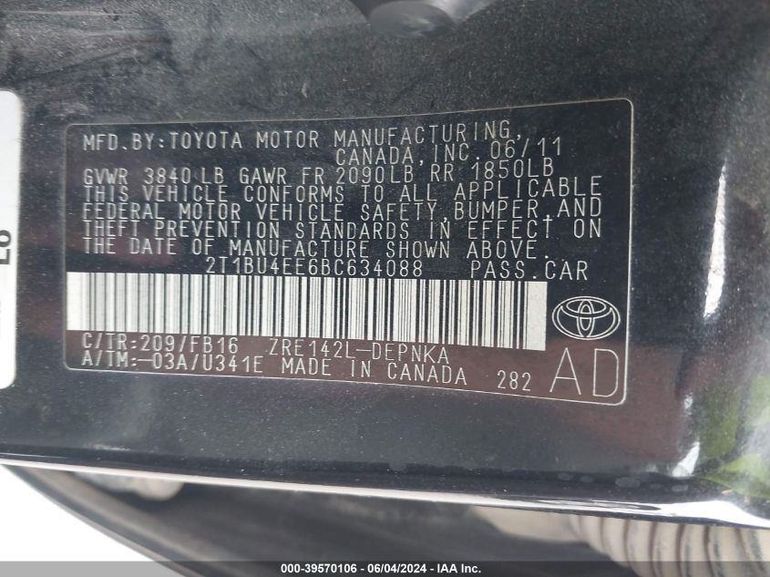 2011 Toyota Corolla Le VIN: 2T1BU4EE6BC634088 Lot: 39570106