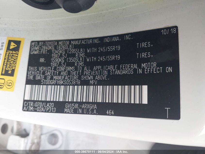 2019 Toyota Highlander Hybrid Limited VIN: 5TDDGRFH8KS053818 Lot: 39570111