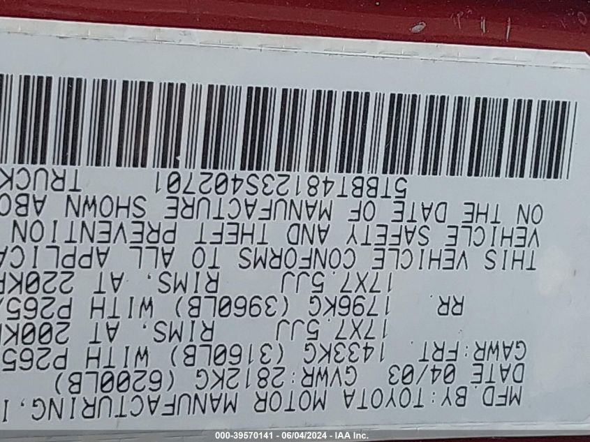 2003 Toyota Tundra Ltd V8 VIN: 5TBBT48123S402701 Lot: 39570141