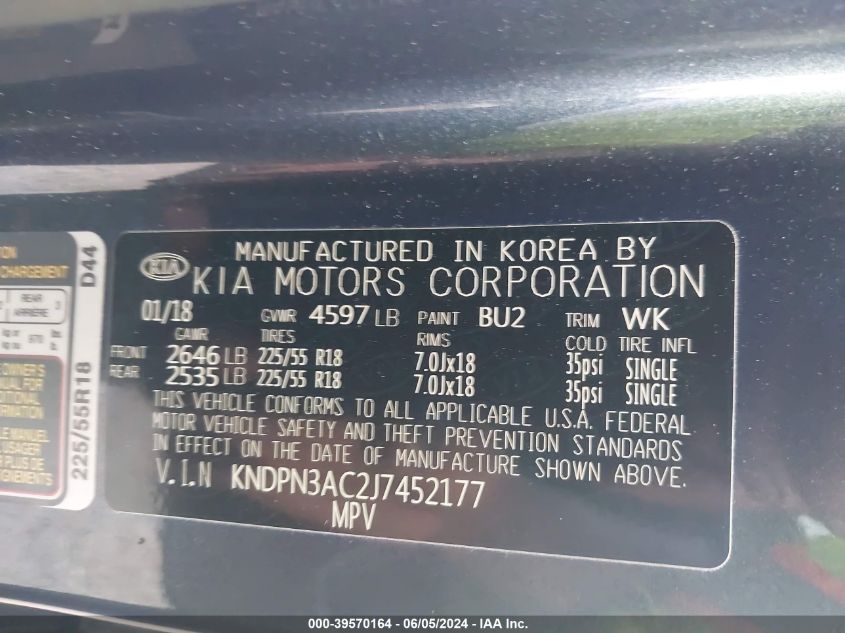 2018 Kia Sportage Ex VIN: KNDPN3AC2J7452177 Lot: 39570164