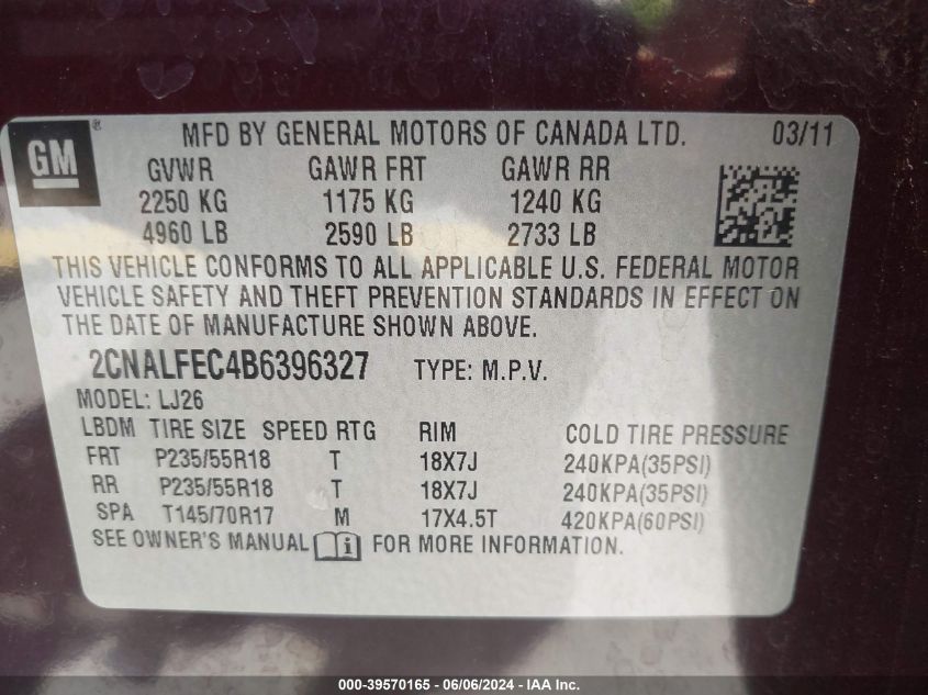 2011 Chevrolet Equinox Ltz VIN: 2CNALFEC4B6396327 Lot: 39570165