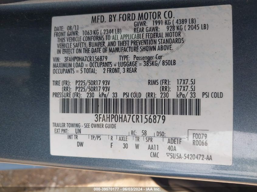 2012 Ford Fusion Se VIN: 3FAHP0HA7CR156879 Lot: 39570177
