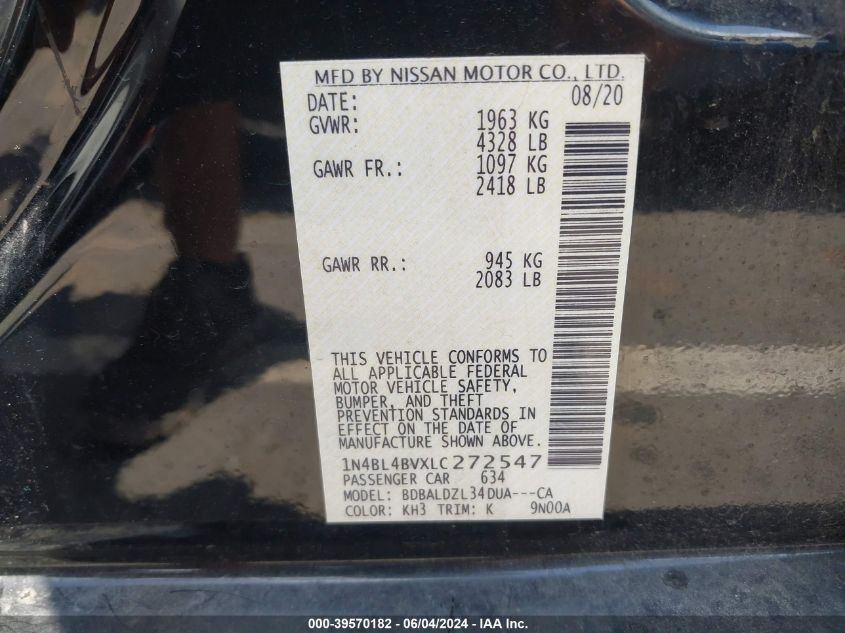 2020 Nissan Altima S Fwd VIN: 1N4BL4BVXLC272547 Lot: 39570182