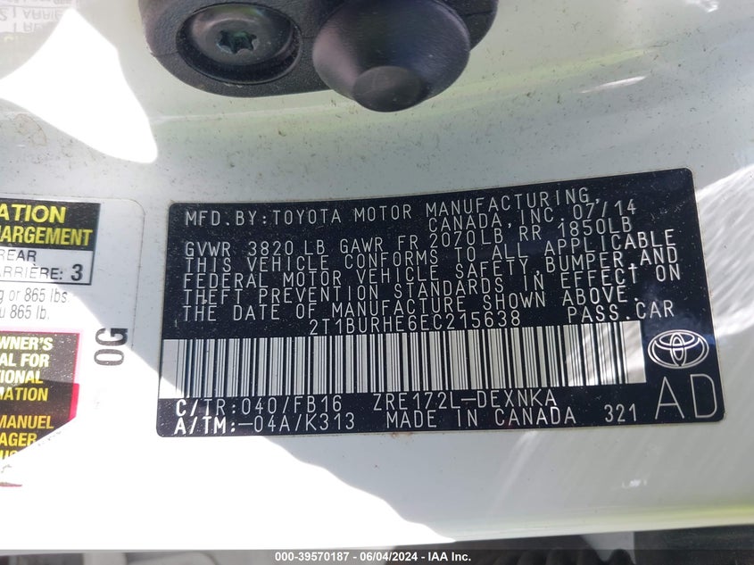 2014 Toyota Corolla Le VIN: 2T1BURHE6EC215638 Lot: 39570187