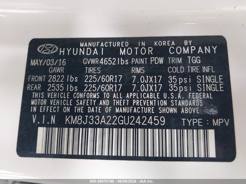 2016 Hyundai Tucson Eco VIN: KM8J33A22GU242459 Lot: 39570190