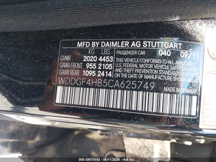 2012 Mercedes-Benz C 250 VIN: WDDGF4HB5CA625749 Lot: 39570192