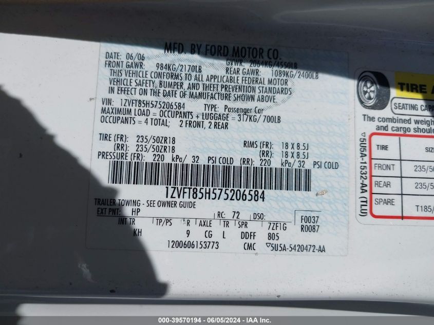 2007 Ford Mustang Gt Deluxe/Gt Premium VIN: 1ZVFT85H575206584 Lot: 39570194