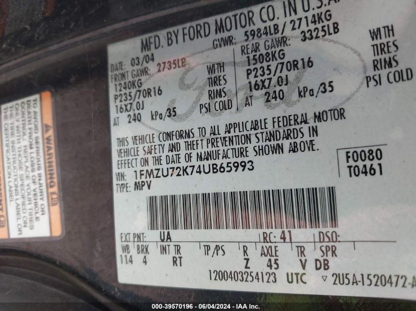 2004 Ford Explorer Xls VIN: 1FMZU72K74UB65993 Lot: 39570196