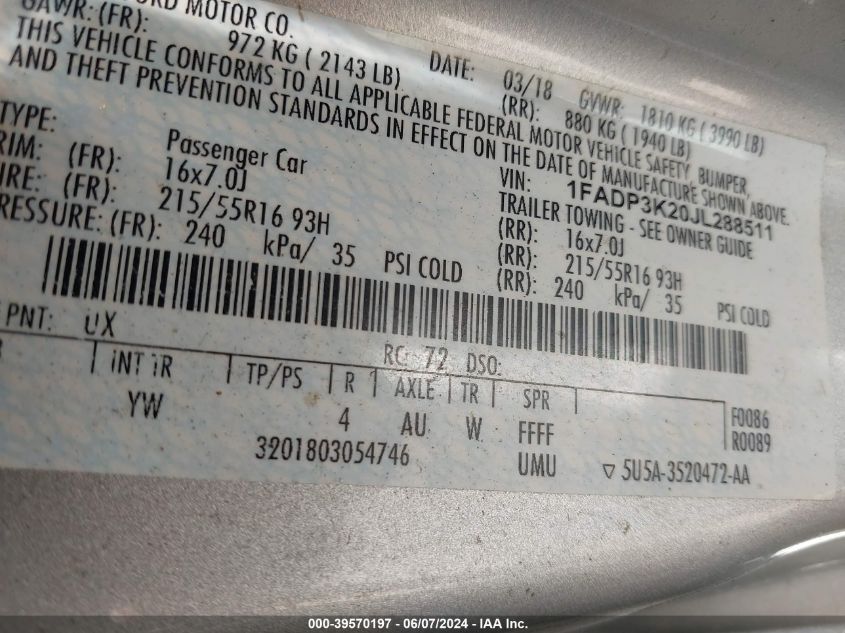 2018 Ford Focus Se VIN: 1FADP3K20JL288511 Lot: 39570197