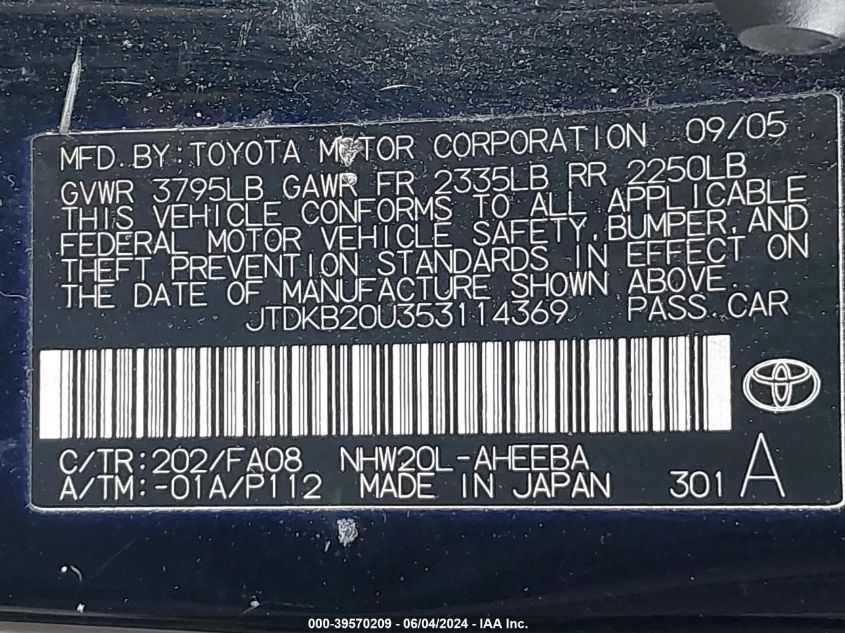 2005 Toyota Prius VIN: JTDKB20U353114369 Lot: 39570209
