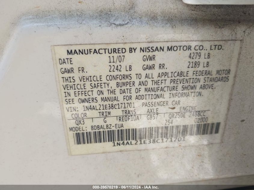 2008 Nissan Altima 2.5 S VIN: 1N4AL21E38C171701 Lot: 39570219