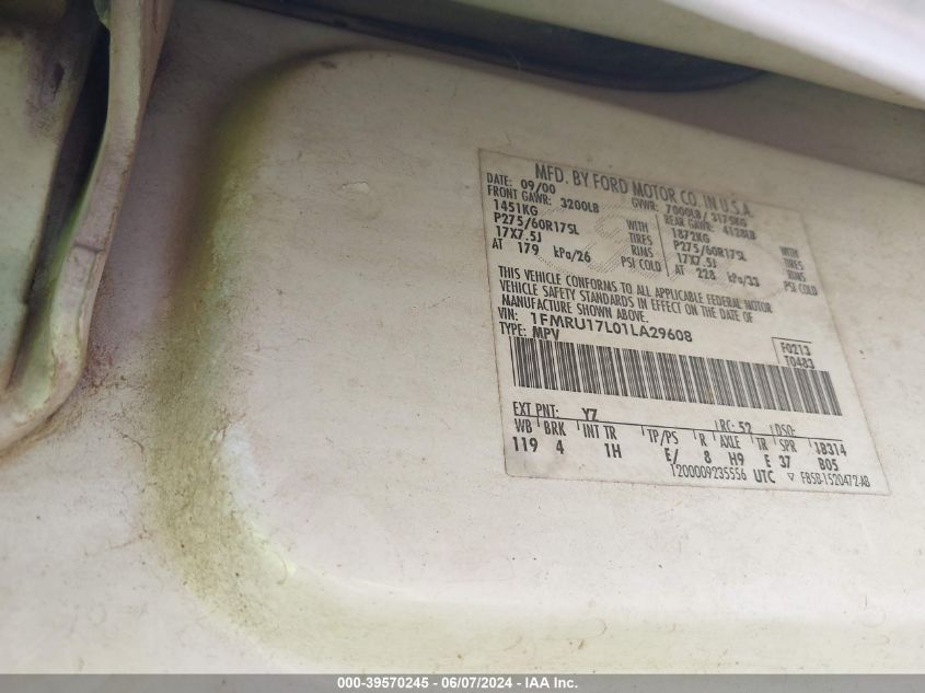 2001 Ford Expedition Eddie Bauer VIN: 1FMRU17L01LA29608 Lot: 39570245