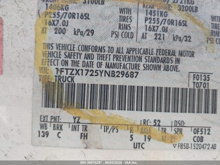 2000 Ford F-150 Work Series/Xl/Xlt VIN: 1FTZX1725YNB29687 Lot: 39570257