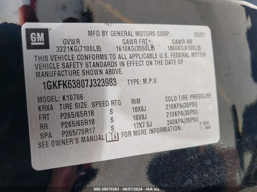 2007 GMC Yukon Denali VIN: 1GKFK63807J323983 Lot: 39570263