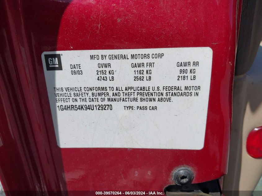 2004 Buick Lesabre Limited VIN: 1G4HR54K94U129270 Lot: 39570264