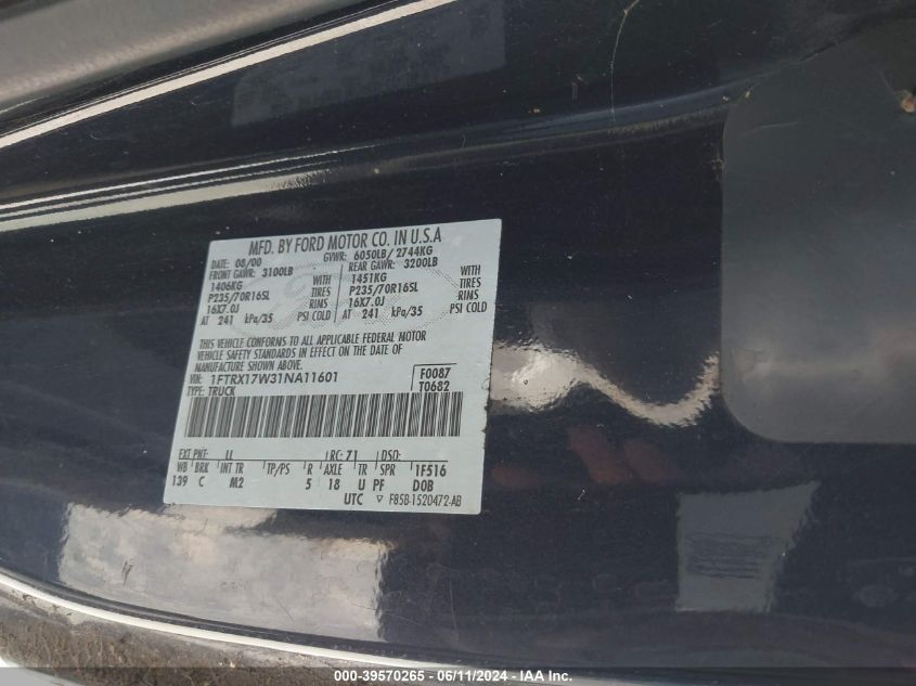 2001 Ford F-150 Lariat/Xl/Xlt VIN: 1FTRX17W31NA11601 Lot: 39570265