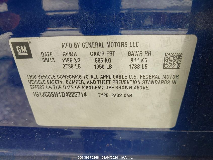 2013 Chevrolet Sonic Lt Auto VIN: 1G1JC5SH1D4226714 Lot: 39570268