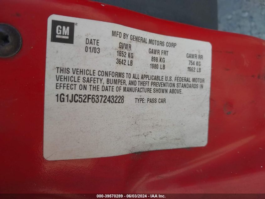 2003 Chevrolet Cavalier VIN: 1G1JC52F637243228 Lot: 39570289