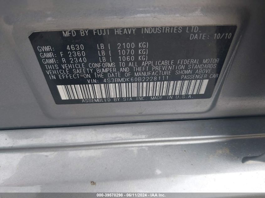 2011 Subaru Legacy 3.6R Limited VIN: 4S3BMDK60B2228111 Lot: 39570298