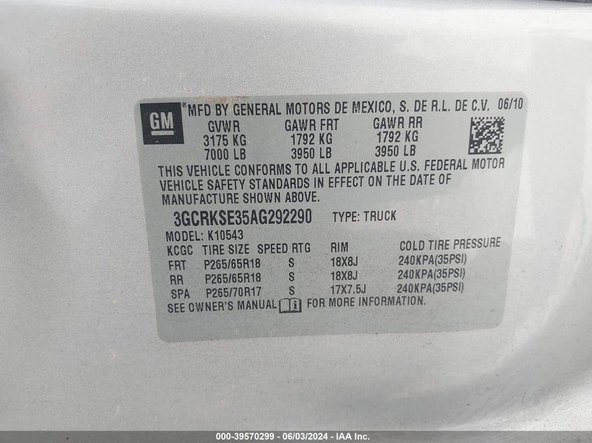 2010 Chevrolet Silverado 1500 Lt VIN: 3GCRKSE35AG292290 Lot: 39570299