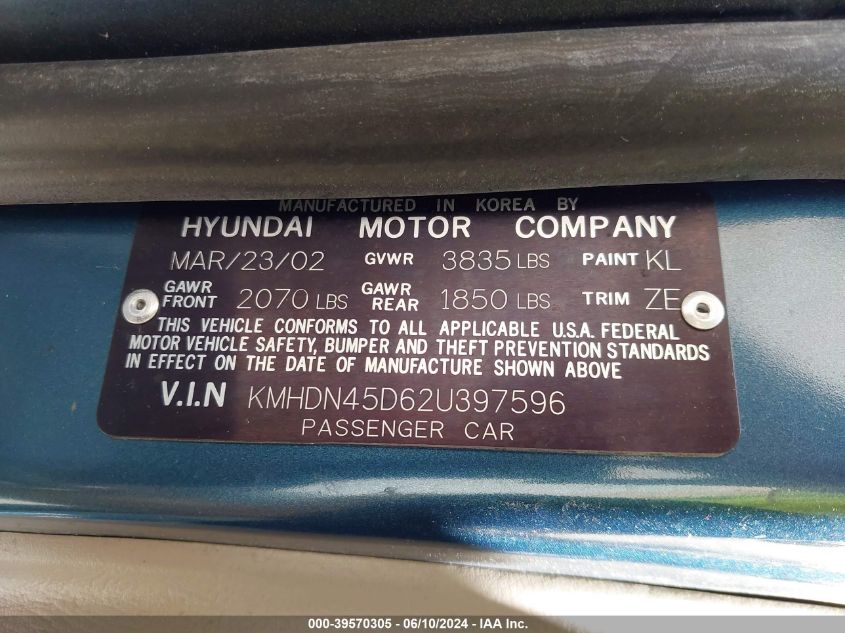 2002 Hyundai Elantra Gls VIN: KMHDN45D62U397596 Lot: 39570305