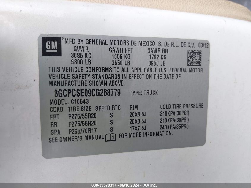 2012 Chevrolet Silverado 1500 Lt VIN: 3GCPCSE09CG268779 Lot: 39570317