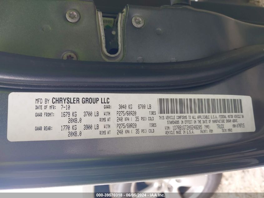 2010 Dodge Ram 1500 Slt/Sport/Trx VIN: 1D7RB1GT2AS248205 Lot: 39570318