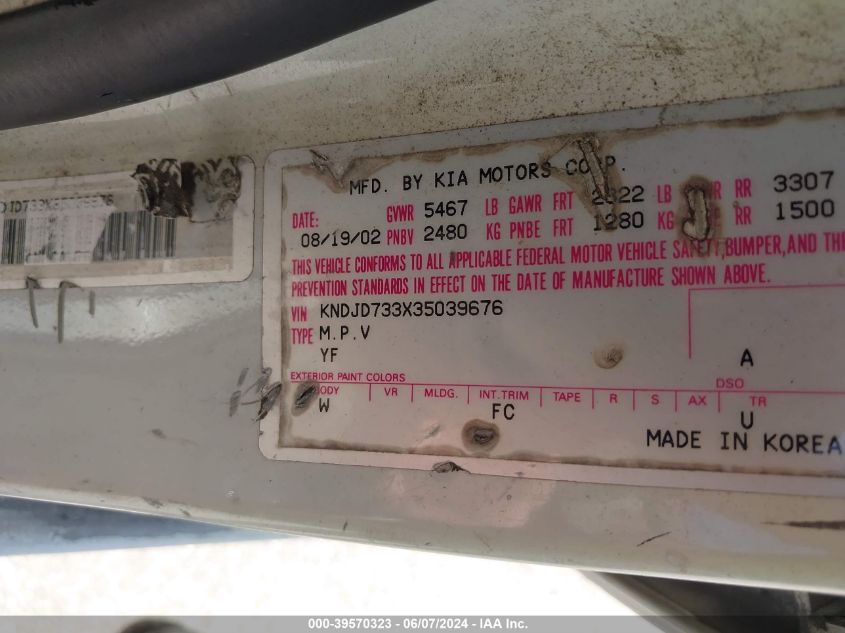 2003 Kia Sorento Ex/Lx VIN: KNDJD733X35039676 Lot: 39570323