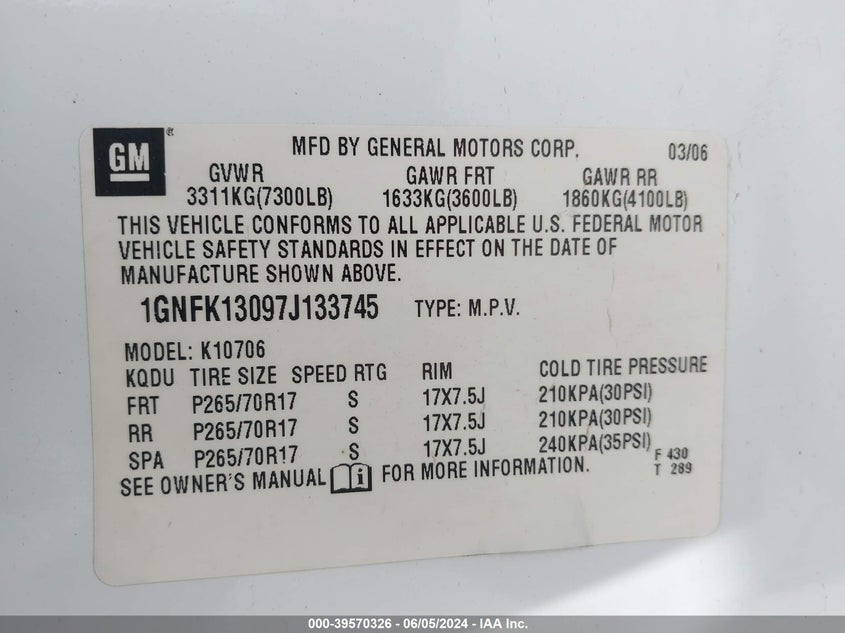 2007 Chevrolet Tahoe Lt VIN: 1GNFK13097J133745 Lot: 39570326