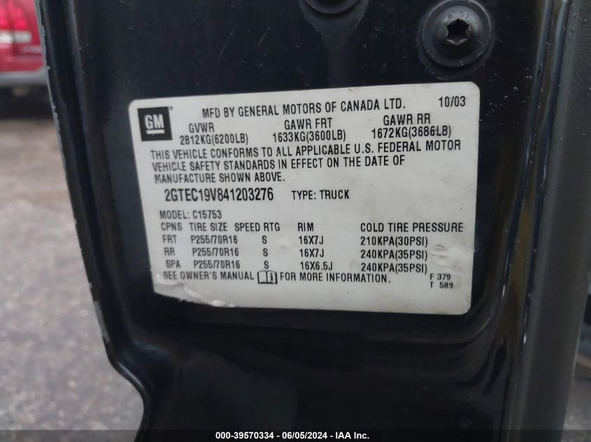 2004 GMC Sierra 1500 Sle VIN: 2GTEC19V841203276 Lot: 39570334