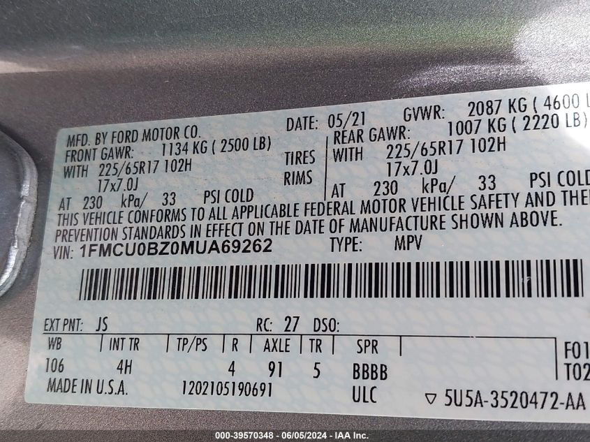 2021 Ford Escape Se Hybrid VIN: 1FMCU0BZ0MUA69262 Lot: 39570348